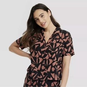 NWT Women's A New Day Black Brown Linen Short Sleeve Button Up Camp Shirt